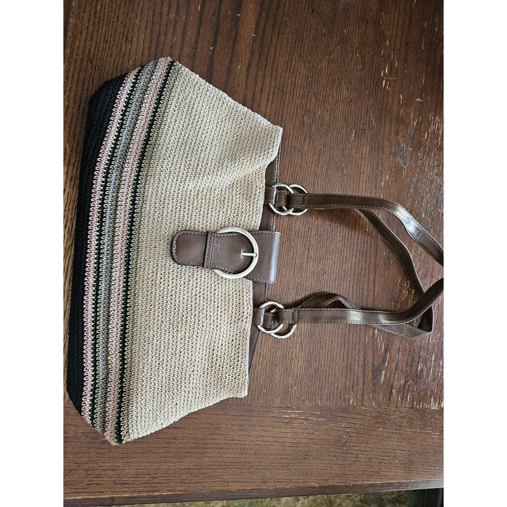 Hobo Style Vintage Tan Purse With Color Stripes Snap Closure Shoulder Bag